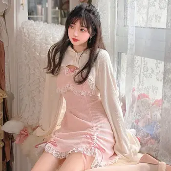 Платье Лолиты Женские Розовые вечерние мини-платья с бантом Женская Принцесса Корейский Модный комплект из 2 предметов 2022 Лето