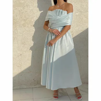 Выпускные платья из серебристо-белой тафты для Musilm, плиссированное вечернее платье с открытыми плечами чайной длины для женщин, вечерняя вечеринка