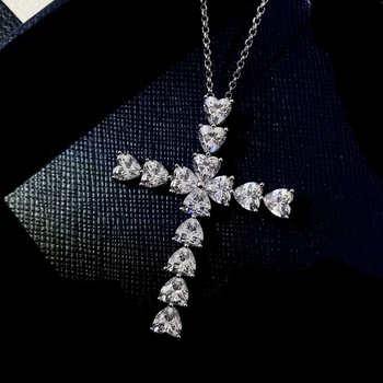 Ожерелье из муассанита в форме сердца из стерлингового серебра 925 пробы с бриллиантовыми подвесками в виде креста, ожерелье для женщин, свадебные украшения для помолвки