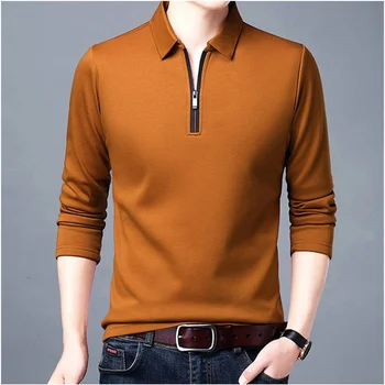 Новая мужская однотонная рубашка-поло с отворотом, рубашка-поло с длинными рукавами, воротник-молния, модная весенне-осенняя тонкая рубашка, повседневные свободные топы