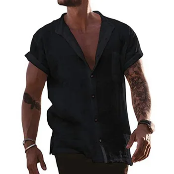 Мужская рубашка с коротким рукавом, Новинка лета 2023, Однотонная хлопковая рубашка с лацканами, Тонкая Повседневная Свободная рубашка большого размера