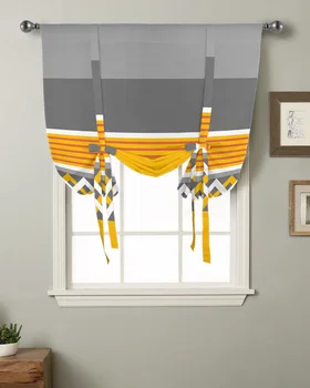 Желто-Серые полосы Геометрическая Кухня Короткий Карниз для карнизов Карманные шторы Домашний Декор Маленькое окно Римские шторы на завязках