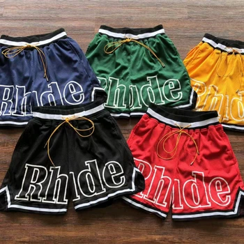 Летние шорты с логотипом Rhude на шнурке, Мужские Женские хип-хоп Свободные бриджи RHUDE из дышащей сетки с бирками, спортивные шорты для мужчин