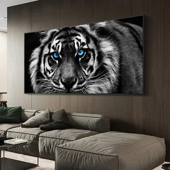 Картина на холсте с животными, Голубые глаза, плакат с тигром, черно-белые рисунки на стенах для интерьера, картины для украшения дома в гостиной