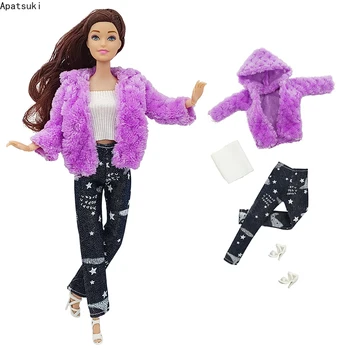 Фиолетовое меховое зимнее пальто для куклы Барби Наряды Одежда Модный топ Звездные брюки Сандалии для кукол Barbie 1/6 Аксессуары для кукол