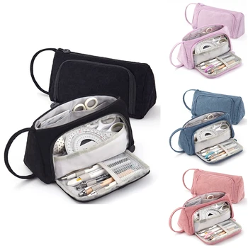 Вельветовый переносной пенал, многофункциональная сумка для канцелярских принадлежностей, однотонный студенческий милый пенал, сумочка для девочек