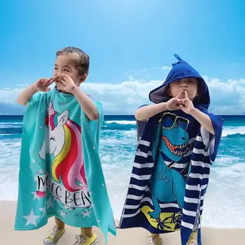 Новое пляжное полотенце с капюшоном и мультяшным принтом, Накидка для мальчиков и девочек, Детский быстросохнущий Солнцезащитный крем, впитывающий микрофибру, Детский купальный халат
