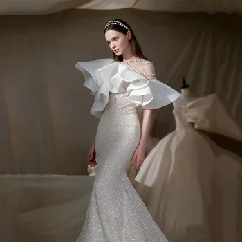 Элегантное белое свадебное платье для тостов с воротником-стойкой и пышными рукавами, длинное вечернее платье Русалки с открытой спиной, свадебное вечернее платье