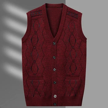 Мужской кардиган-жилет в клетку, модный повседневный вязаный свитер, теплый жилет с V-образным вырезом, топы-свитера