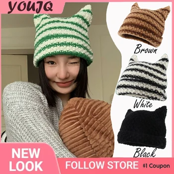 Y2K, японская шапочка-бини, Ins, Полосатые вязаные шапки Little Devil Для женщин, осень-зима, пуловер с милыми кошачьими ушками, женская шапка