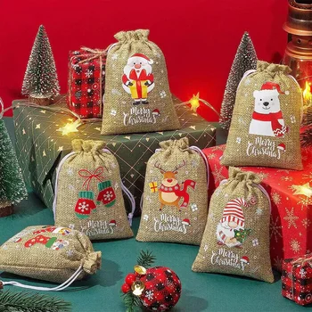 Рождественский подарочный пакет на шнурке, Льняная подарочная упаковка, сумка для хранения, Мешочек для печенья и конфет с принтом Лося Санта-Клауса, Принадлежности для Рождественской вечеринки