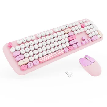Комбинированная беспроводная клавиатура и мышь, клавиатура в стиле ретро с круглыми колпачками для клавиш, мышь без отключения 2,4 ГГц