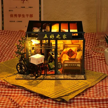 Ретро кукольный домик Mini Casa Деревянные миниатюрные конструкторы Кукольные домики для спальни с мебелью Коллекция настольных принадлежностей Украшения Игрушки