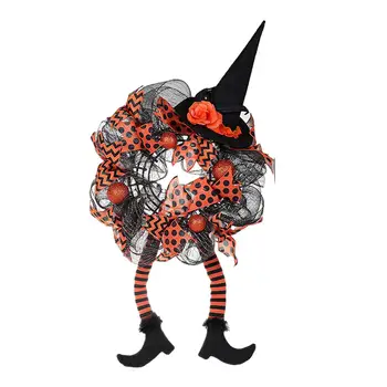 Искусственный венок 75 см x 40 см с сетчатым декором в виде шляпы ведьмы и ножек, вешалка для гирлянд ручной работы на Хэллоуин, праздник крыльца, домашней двери