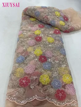 3D Кружевные ткани с последовательностью Роскошное вечернее платье из сетки для новобрачных 2023 Ткань ручной работы, расшитое бисером кружево для шитья