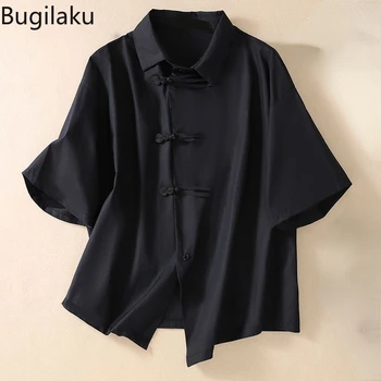 Bugilaku Новый Китайский Топ, Летняя Ретро Рубашка с коротким рукавом на больших наклонных пуговицах, Универсальная