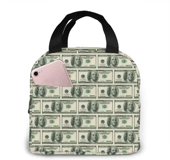 Bolsa de almuerzo térmica portátil con estampado de dinero, bolsa de almuerzo con cierre de cremallera