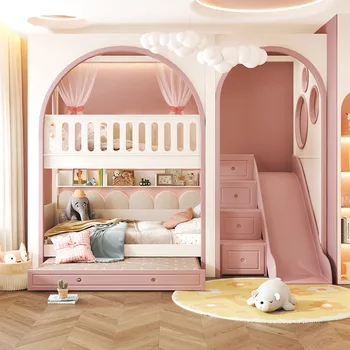 Детская мебель для девочек, двухэтажные верхние и нижние кровати из массива дерева, высокие ограждения, раздвижные лестницы, материнская кровать, замок, домик на дереве