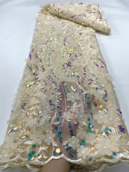 Французская 3D тюлевая аппликация Африканская Кружевная Ткань 2023 Высококачественная желтая вышитая блестками Нигерийская кружевная ткань 5 ярдов платье