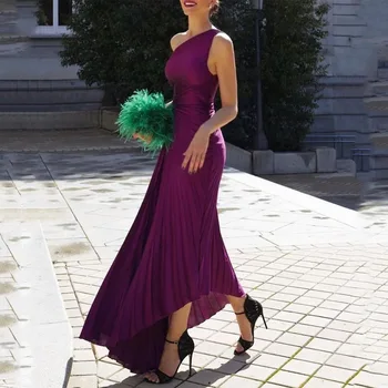 Женское сексуальное платье без рукавов с диагональным воротником на одно плечо, тонкое асимметричное длинное платье макси 2023, элегантные фиолетовые плиссированные вечерние платья