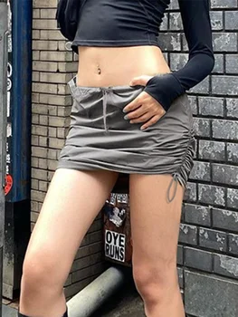 Уличная Серая мини-юбка со складками на шнурке, короткие юбки с низкой посадкой, женская мода 2023, Винтажная эстетическая одежда Y2k