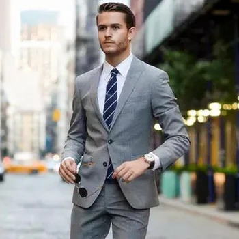 Серый клетчатый приталенный костюм, деловой повседневный костюм для мужчин, одежда жениха с отворотом, блейзер + брюки из 2 предметов, костюм Homme
