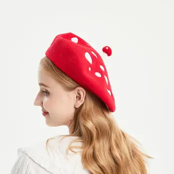 Шерстяной берет для женщин, милая шляпа с бутонами с вышивкой в виде грибов, осень и зима, сохраняющая тепло, дышащая шляпа художника, Boina Girl Decorate