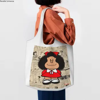 Забавные винтажные сумки для покупок в стиле манги Mafalda, переработанный холст из комиксов Quino, сумка для покупок в продуктовых магазинах, сумочка