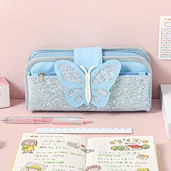 Холщовая сумка для ручек большой емкости для девочек, Сердце для девочек, Корейская версия, Канцелярская коробка Для детей начальной школы, Милая бабочка
