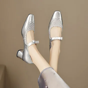 Phoentin/ Дизайнерская Женская Обувь Mary Janes; элегантные Туфли-лодочки из натуральной кожи на среднем Каблуке в стиле ретро с бантом; большие размеры серебристого цвета; большие размеры 43 FT2815