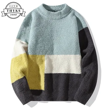 Модный пуловер Harajuku, свитер, лоскутная вязка, двойной бархат, теплые свитера с круглым вырезом, повседневный Свободный мужской пуловер в стиле хип-хоп