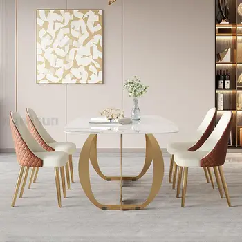 Европейский стиль Дизайн столешницы из белого мрамора и камня Обеденный Стол Современная Кухня Прямоугольный Салон Глянцевый Стол Золотистая Мебель