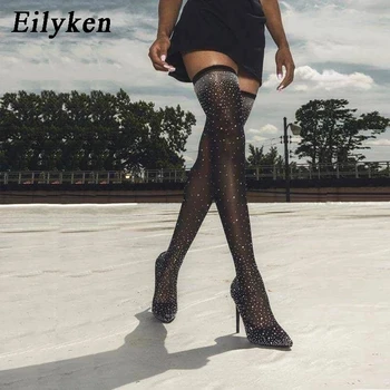 Дизайн Eilyken, Эластичная ткань Со Стразами, Пикантные Сапоги Выше колена На высоком каблуке, Женская обувь Для танцев на шесте С острым носком