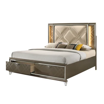 Полноценная кровать со светодиодной подсветкой, полиуретаном и темным шампанским для мебели для спальни в помещении