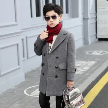 Однотонное Шерстяное пальто средней длины для мальчиков 2023, Осенне-Зимняя Детская одежда, Утепленное Теплое Двубортное Корейское Повседневное пальто 5-12 лет