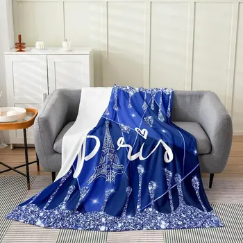 Парижское фланелевое флисовое одеяло, блестящий бриллиант, Эйфелева башня, Плюшевое одеяло, для серебристо-голубого подарка на День Святого Валентина, все