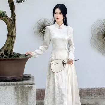 Жаккардовое женское вьетнамское платье Ao Dai Improve, Традиционный китайский вечерний Чонсам, Белое элегантное женское платье Ципао с длинным рукавом