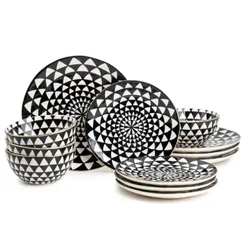 Столовая посуда с тимьяном, Черно-Белый Керамогранит с Медальонами, Набор из 12 предметов