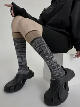 Европейские серые полосатые женские носки до икр, модный бренд, трендовые чулки в стиле ретро в тон, трендовые чулки до колена в европейском стиле