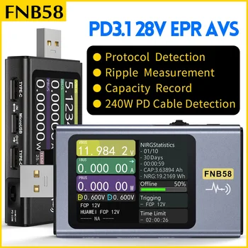 FNIRSI-FNB58 USB-тестер Вольтметр Амперметр Bluetooth TYPE-C Быстрое Обнаружение заряда Измерение емкости Триггера Измерение пульсаций