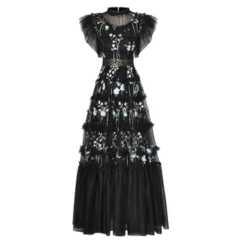 Цветочная вышивка, Черная сетка, воротник с оборками, многослойное элегантное винтажное вечернее платье в стиле ампир длиной до щиколоток