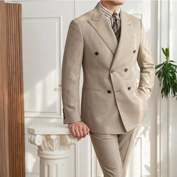 Недавно поступивший мужской костюм, комплект из 2 предметов, тренд домашнего банкета, мужской облегающий двубортный костюм, ретро-костюм хозяина цвета хаки