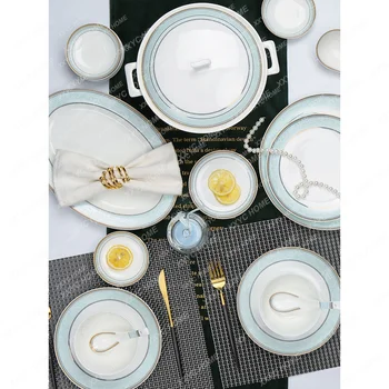 Набор посуды из костяного фарфора с золотой отделкой, Чаши и тарелки, бытовые керамические чаши и тарелки Цзиндэчжэнь