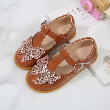 Детская кожаная обувь для девочек Butterfly Elegant 2023, шикарная повседневная обувь принцессы, нескользящая детская обувь с застежкой на крючок и петлю