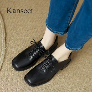 Женская обувь Kanseet / 2023, осенние винтажные туфли-лодочки из натуральной кожи с квадратным носком, на шнуровке, на среднем каблуке, женская обувь ручной работы, размеры 42