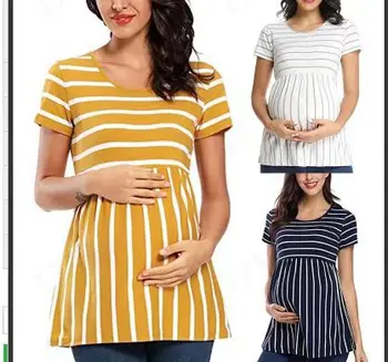 Облегающий топ в цифровую полоску для беременных с круглым вырезом и коротким рукавом, рубашка для беременных с коротким рукавом