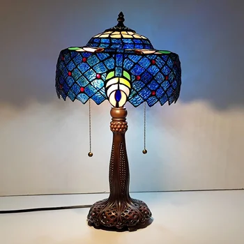 LongHuiJing 12-дюймовые настольные лампы European Blue Peacock Medium со стеклянным абажуром Tiffany и основанием из цинкового сплава