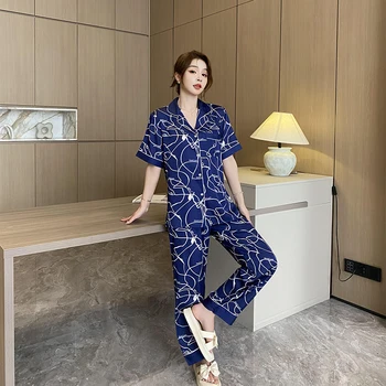 Модная пижама с короткими рукавами и длинными штанами, домашняя одежда для отдыха, Новый дизайн, модная удобная шелковистая синяя ночная рубашка с отложным воротником