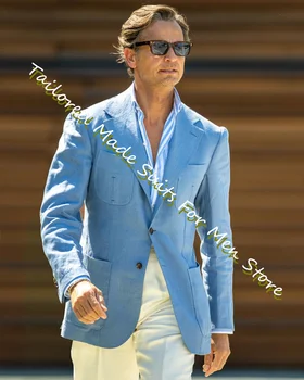 Классический мужской костюм, небесно-голубые блейзеры с белыми брюками, Приталенный вырез на лацкане, Летняя льняная пляжная одежда, Уникальный дизайн карманов