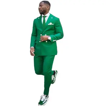 Зеленые мужские костюмы Двубортные приталенные летние блейзеры, свадебные смокинги, сшитые на заказ для жениха, одежда для выпускного вечера, куртка + брюки, 2 шт.